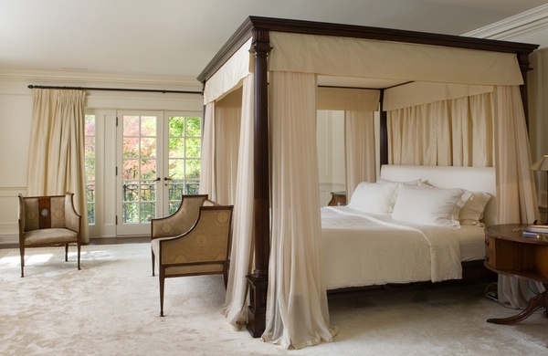 elegant bedroom queen dark wood beige canopy curtains