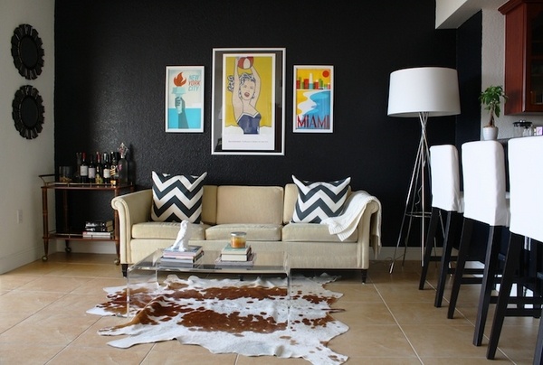 faux contemporary living room interior black accent wall