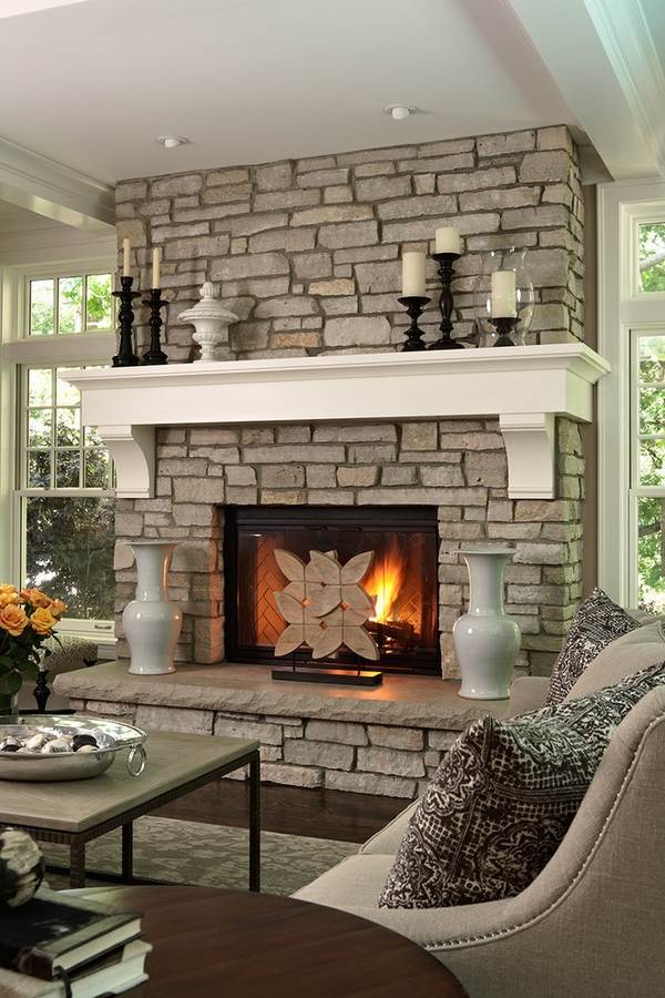  stone fireplace white wood mantel