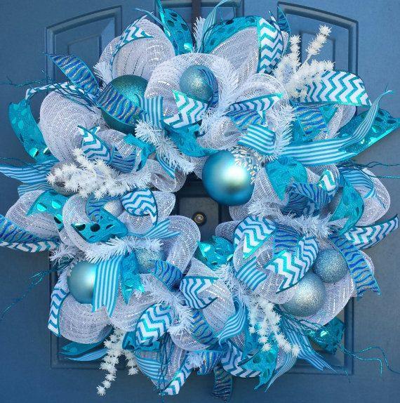 front door christmas wreath ideas deco mesh wreath blue white 