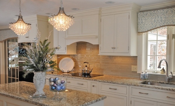 Glass Tile Backsplash New Venetian Gold Granite White Cabinetry Chandelier 