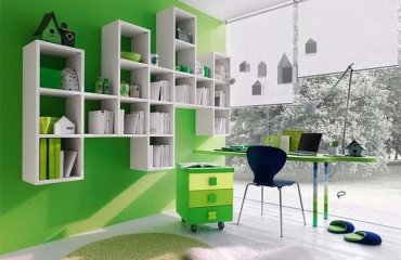 green-white-bedroom-interior-ideas-white-floating-shelves-green-desk-kids-bedroom-furniture