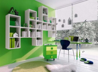green-white-bedroom-interior-ideas-white-floating-shelves-green-desk-kids-bedroom-furniture