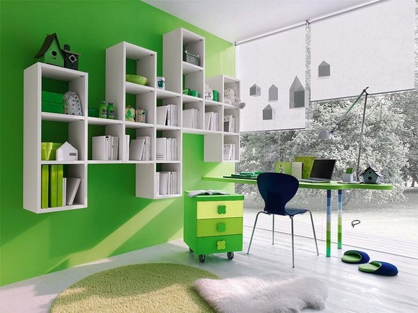 bedroom interior ideas white floating shelves green desk kids bedroom furniture