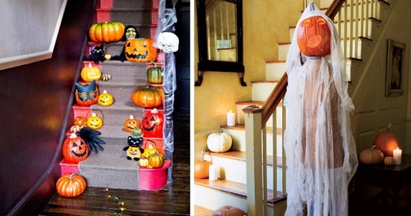 halloween-home-decorating-ideas-stairs ghost pumpkin head