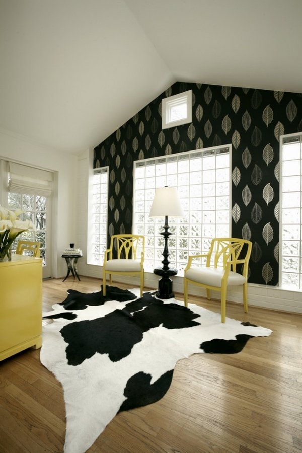 home office decorating ideas yellow furniture black white cowhide area rug