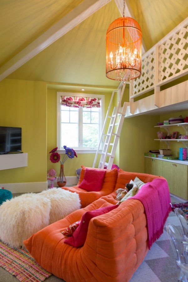 kids bedroom ideas high ceiling green wall color bunk beds ladder