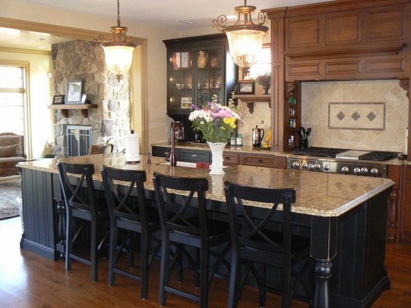 kitchen countertop granite gold black island black chairs