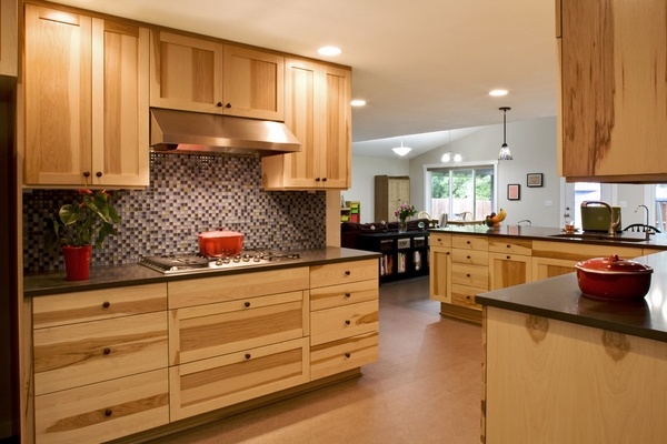 light hickory cabinets mosaic tile backsplash gas cooktop
