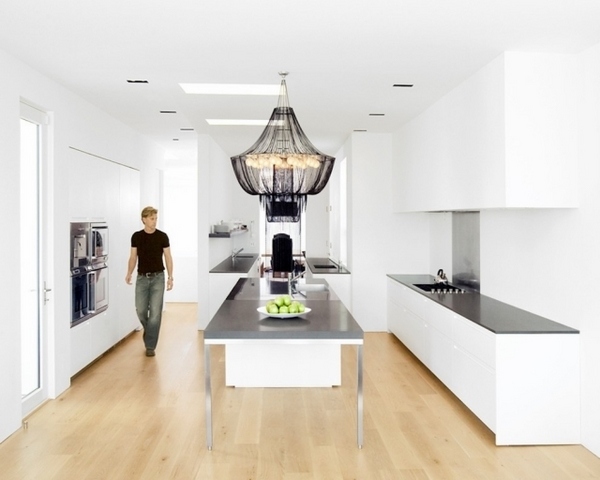 minimalist white kitchen modern black chandelier accent