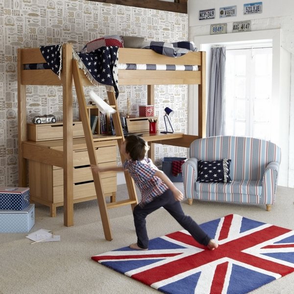 original wallpaper pattern English flag rug wooden bunk bed desk drawers