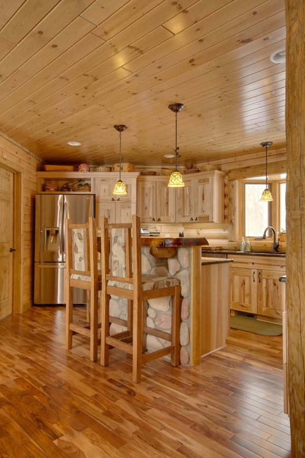 rustic kitchen hickory cabinets hardwood flooring wood ceiling