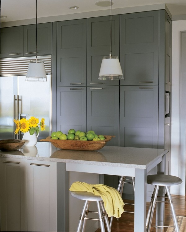 shaker style cabinets gray contemporary kitchen design pendant lights