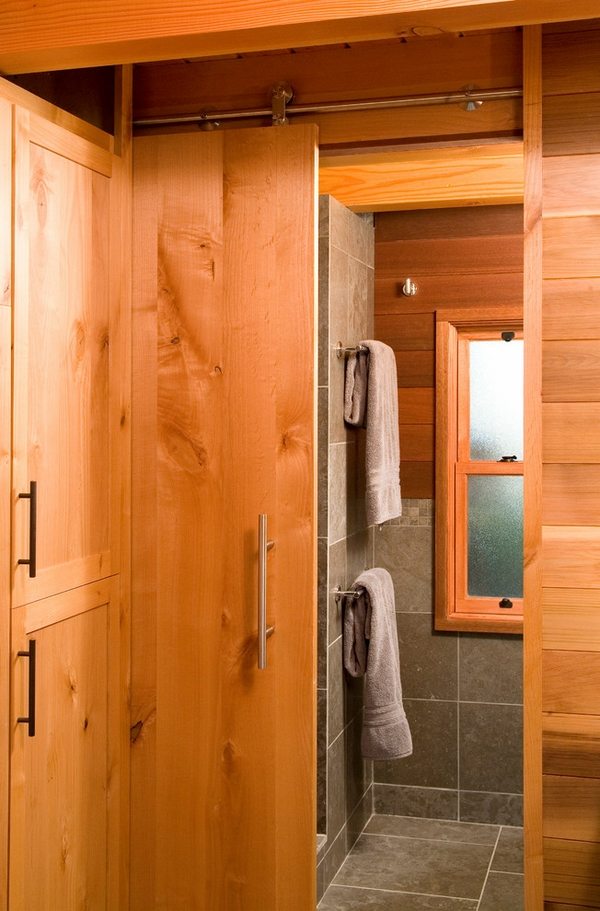sliding hardware rustic bathroom design natural wood walls