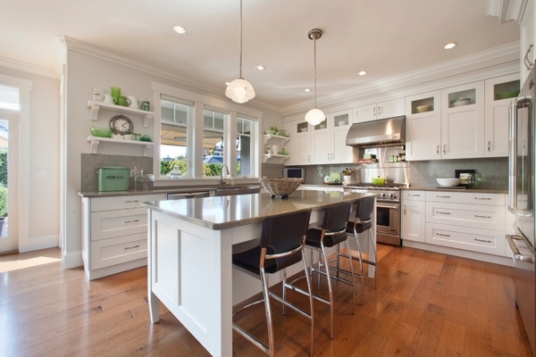 white kitchen cabinets quartz countertop color gray wood flooring