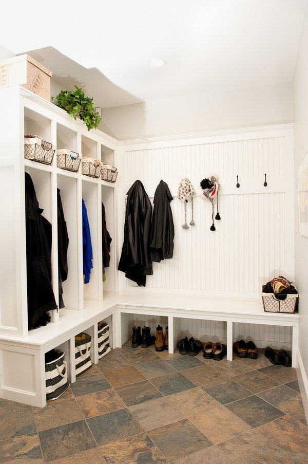 white open mudroom lockers with bench shoe storage baskets