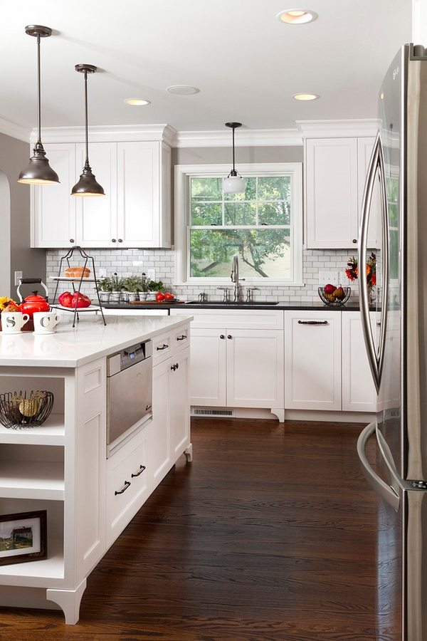 white shaker cabinets dark wood flooring kitchen remodel ideas