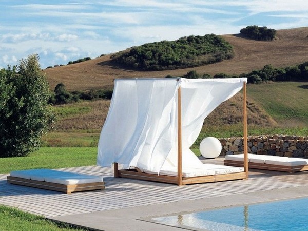 wood outdoor day bed with side curtains pool furniture ideas