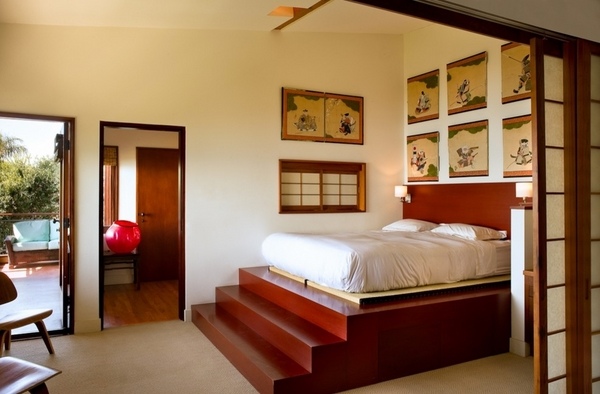 Asian style bedroom design platform stairs bed