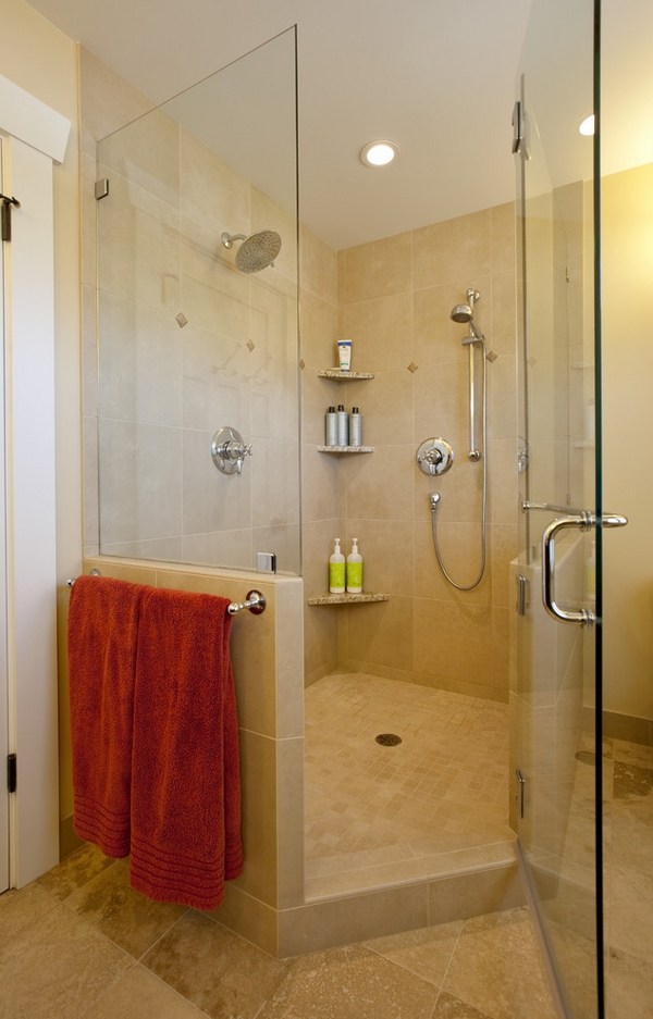 Bathroom design ideas walk in shower corner caddie shelves