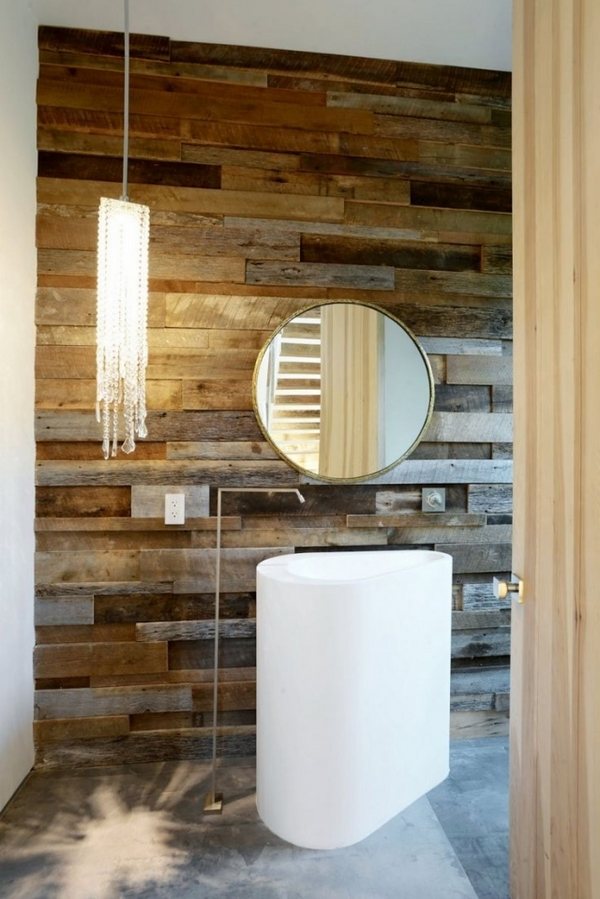 Bathroom ideas rustic wooden wall pedestal sink round wall mirror