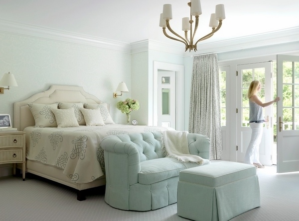 Bedroom furniture ideas light blue sofa beige bedding set