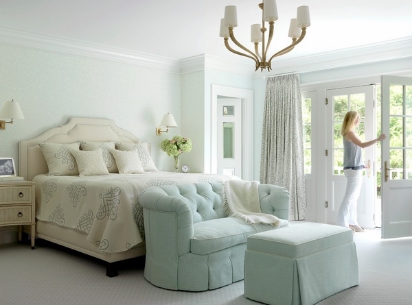 Bedroom furniture loveseat light blue cover beige bedding set