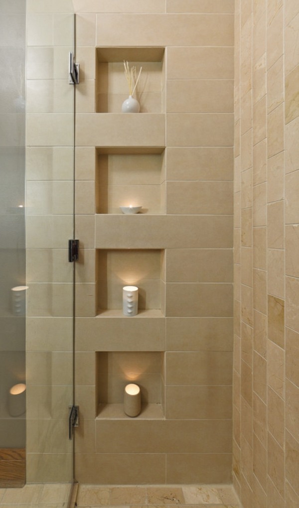 Contemporary bathroom design open shelves glass door