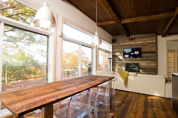 Contemporary dining room rustic accents dining table wood flooring