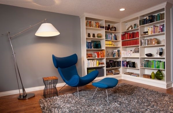 Contemporary family room white shelves unit wall bookshelf