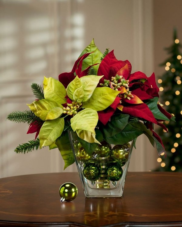 DIY floral table centerpiece glass ornaments poinsettia