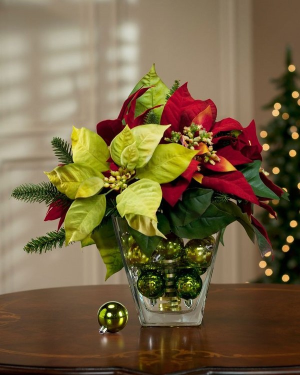 DIY-floral-Christmas-table-centerpiece-glass-Christmas-ornaments-poinsettia