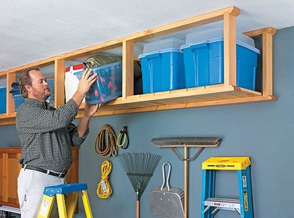 DIY overhead garage storage ideas wooden frames storage boxes