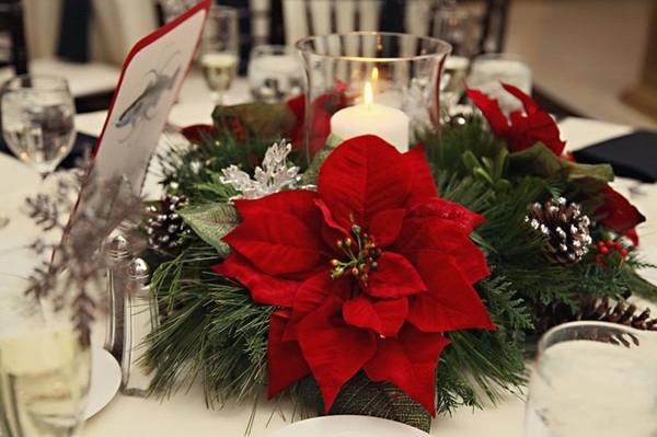 Elegant floral centerpieces ideas red poinsettia evergreens cones