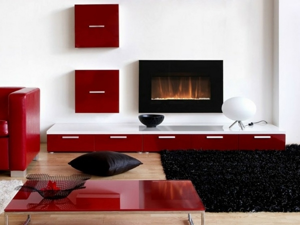 Gas firplace red furniture modern living room design ideas