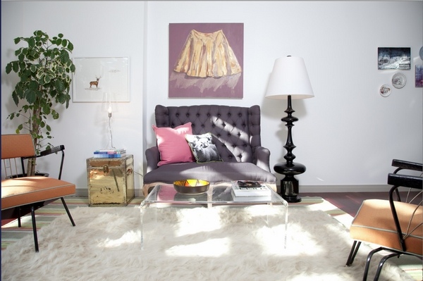 Living room furniture tufted small sofa purple upholstery white carpet