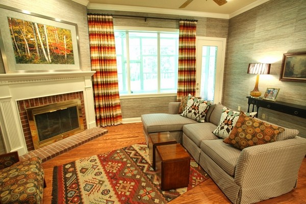 interior sofa colorful decorative pillows area rug 