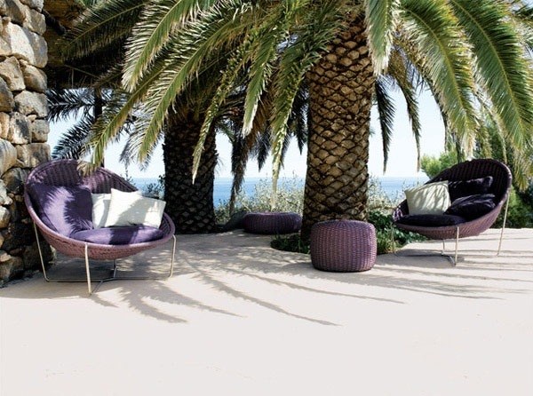 Rattan garden furniture ideas purple upholstery armchair coffee table