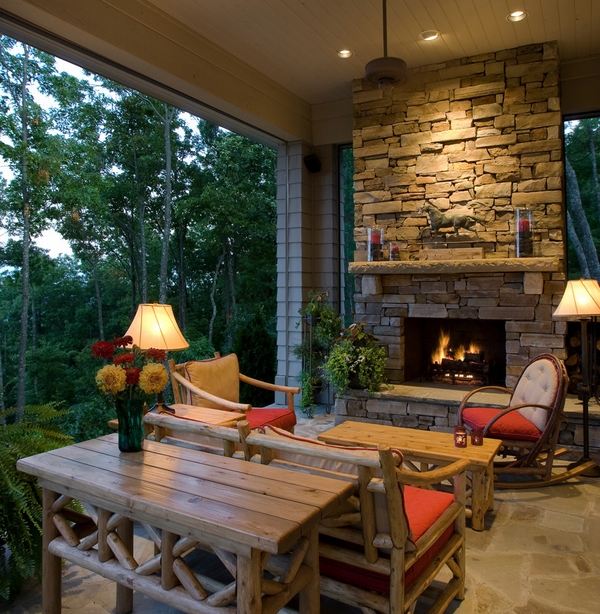 Rustic log furniture ideas porch design natural stone fireplace