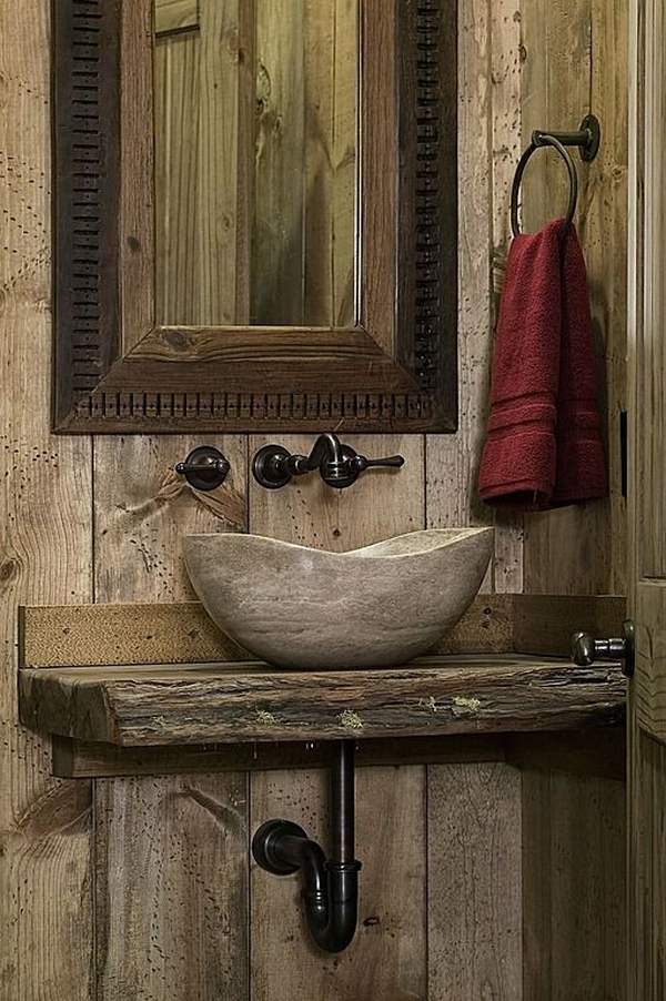 Rustic wood stone vessel sink framed mirror