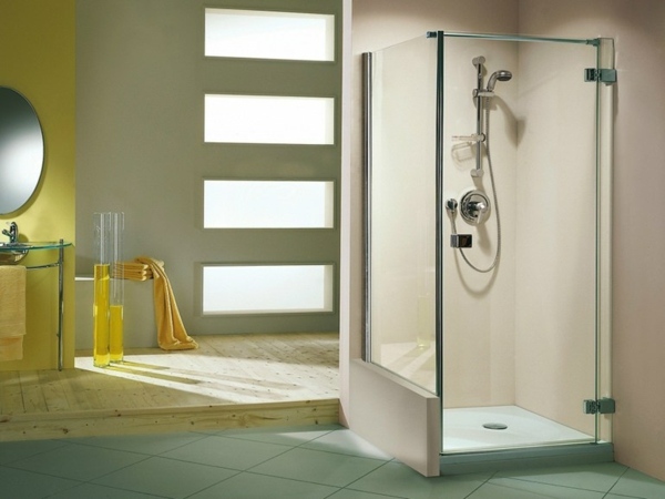 Yellow accents small bathroom stalls ideas