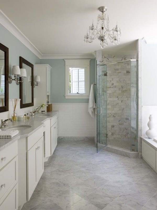 bathroom design walk in frameless glass shower doors vanity cabinet crystal chandelier