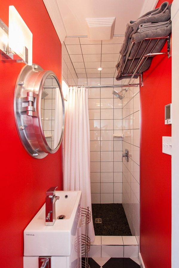 mirror cabinets small bathroom design ideas red wall white tiles