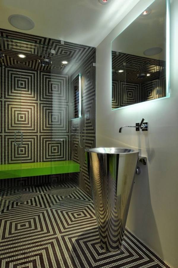 bathroom mosaic tiles modern sink neon lighting walk in shower