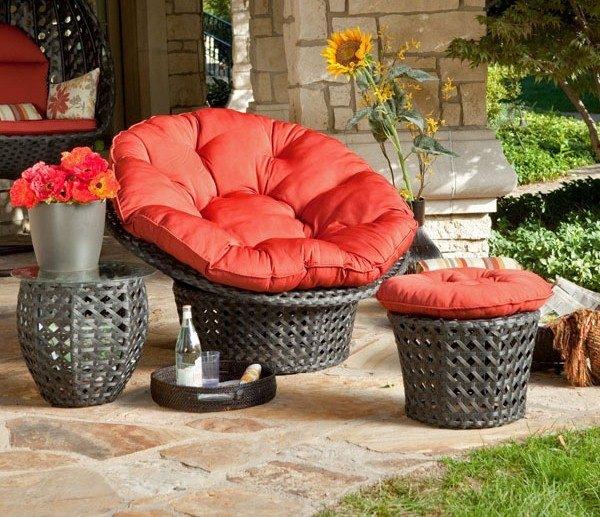 beautiful armchair red table rattan garden furniture stone tiles
