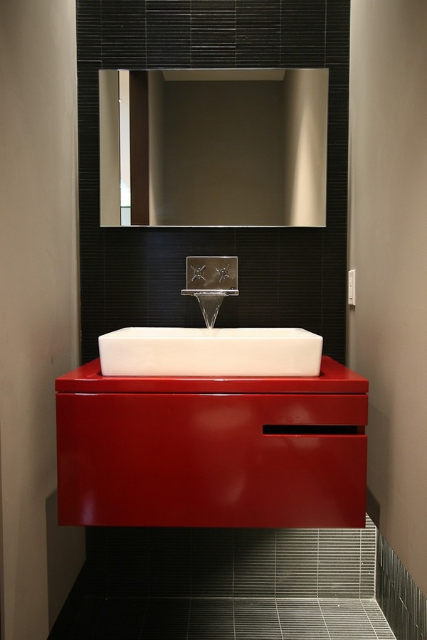 bathroom sink faucet waterfall red vanity cabinet white vessel sink