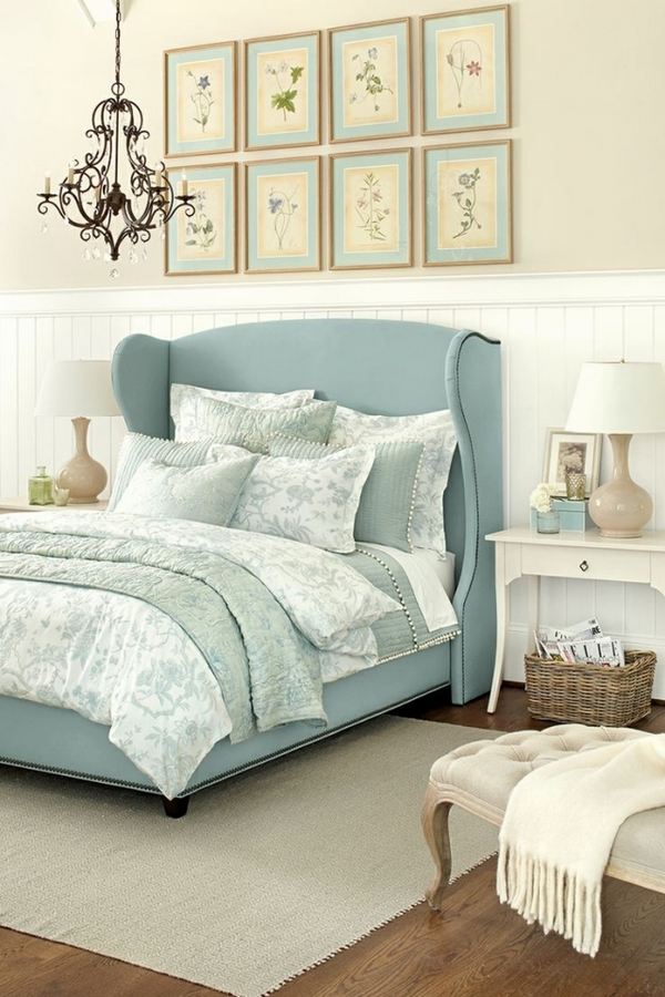 upholstered headboard pastel blue textile modern design wall picturesl