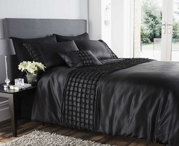 black ruffle duvet cover grey headboard fur rug contemporary luxury bedding duvets