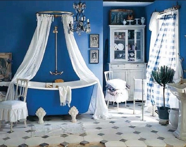 blue claw foot tub shower curtain blue white bathroom interior