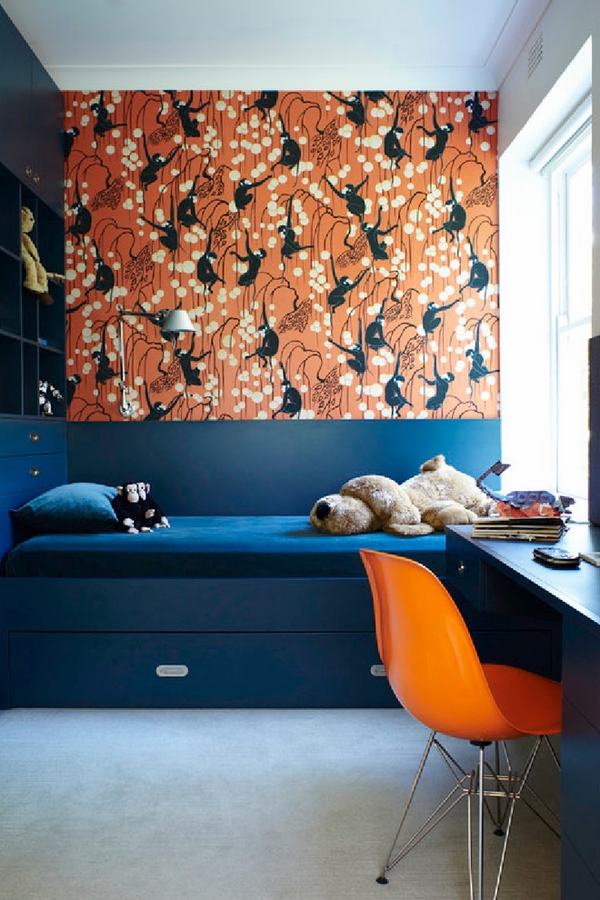 boys bedroom furniture bed wallpaper desk blue orange 